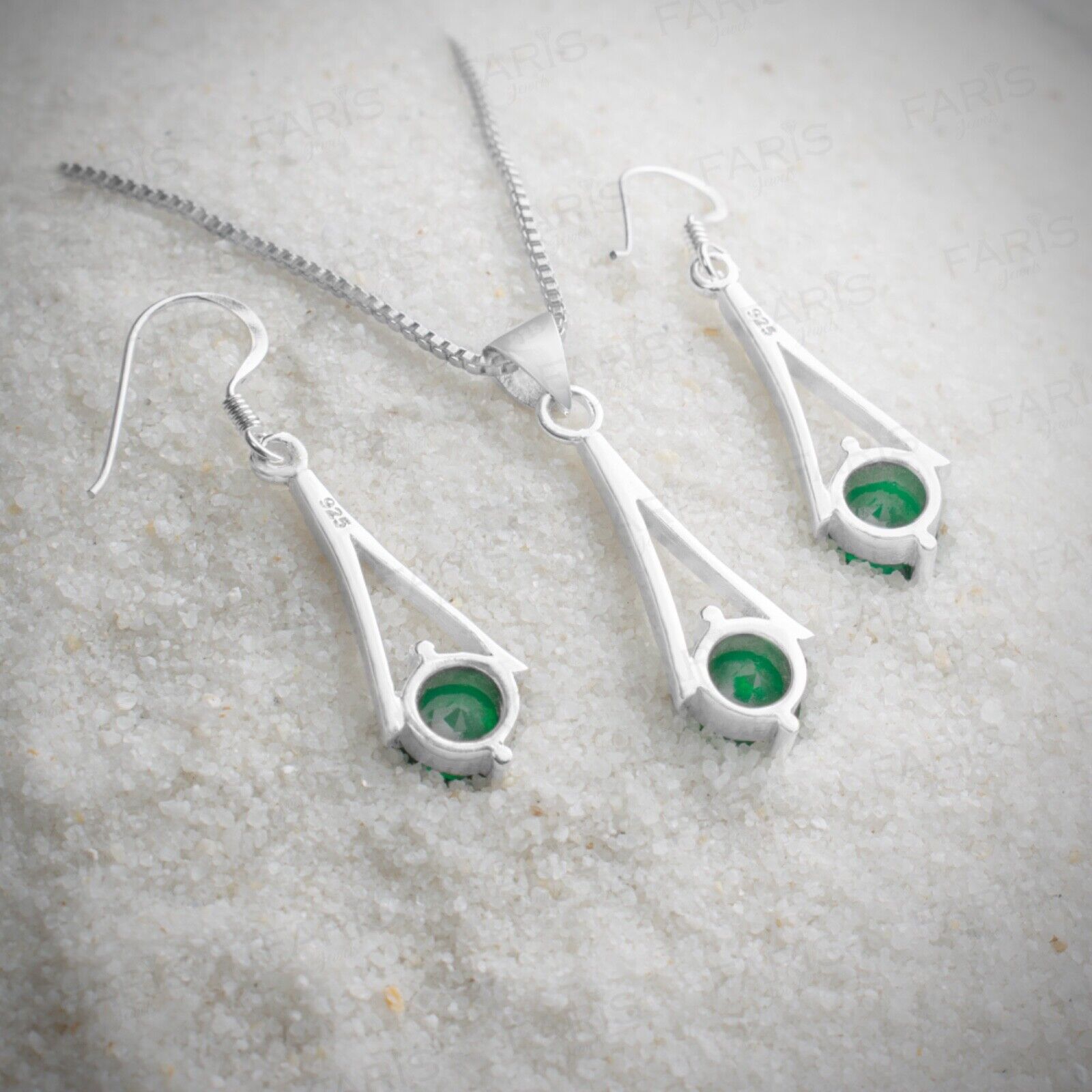 Round Cut Green Emerald Gemstone Pendant and Drop Earring Set Gift Jewellery