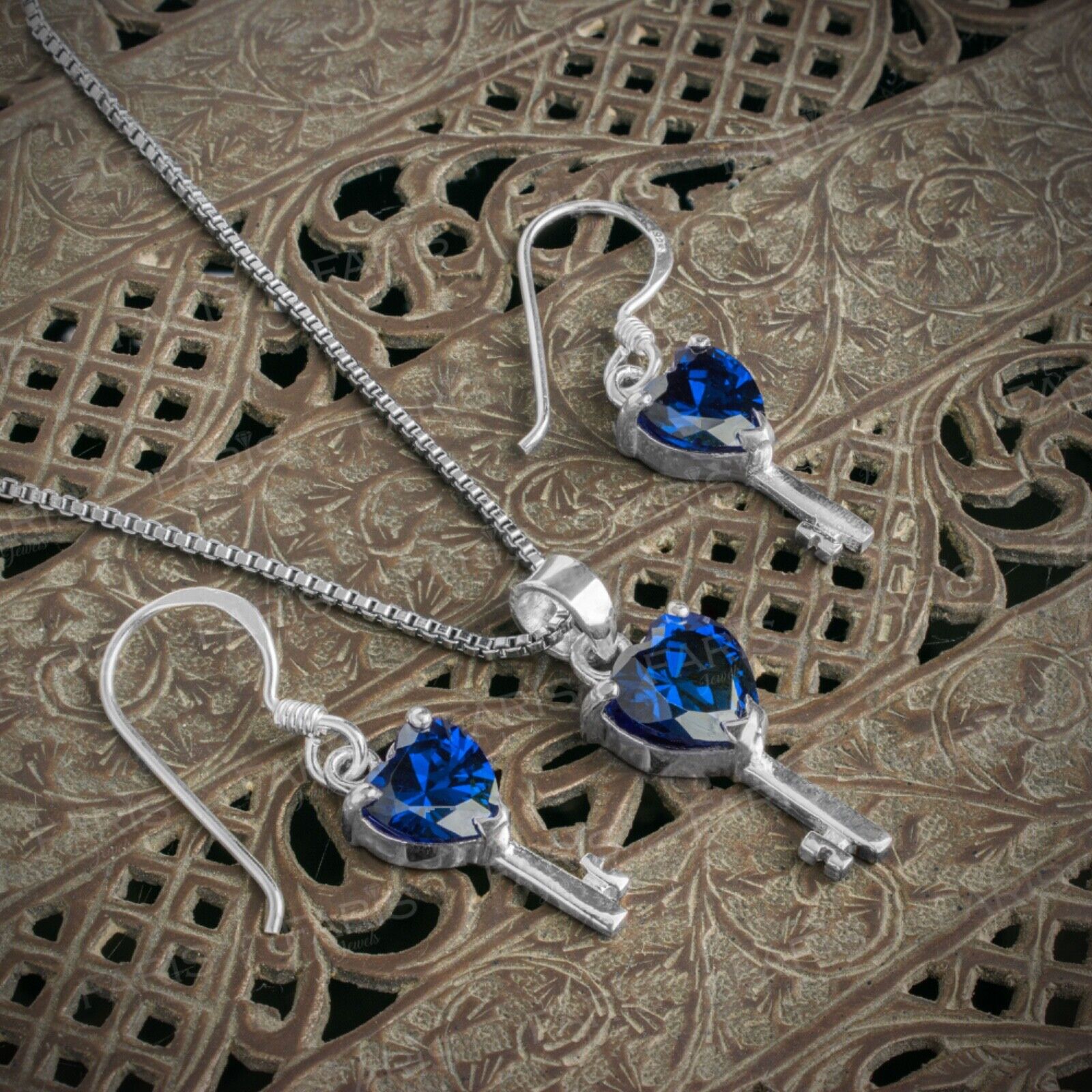 Blue Sapphire Gemstone Pendant and Earring Set Key To My Heart Gift Jewellery