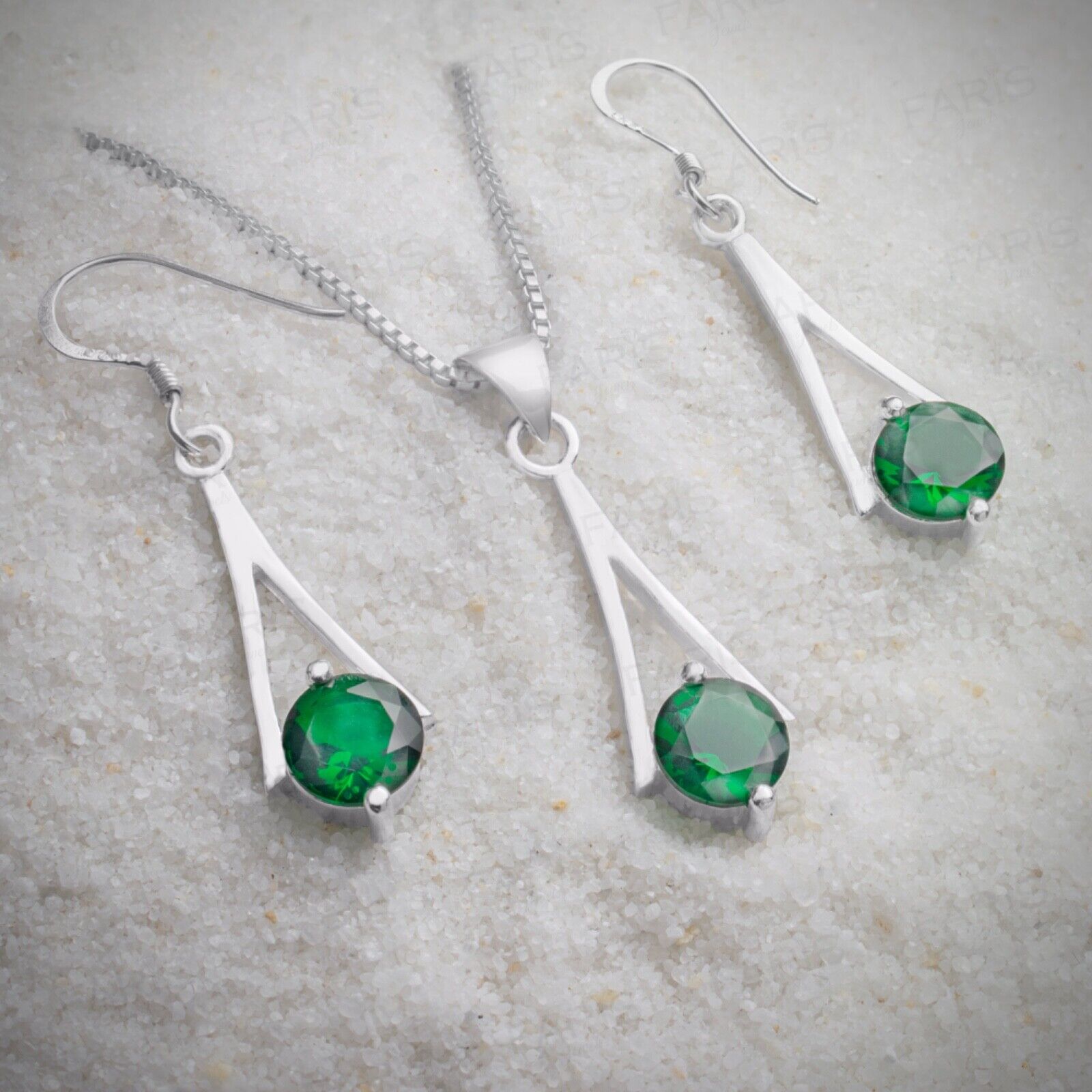 Round Cut Green Emerald Gemstone Pendant and Drop Earring Set Gift Jewellery