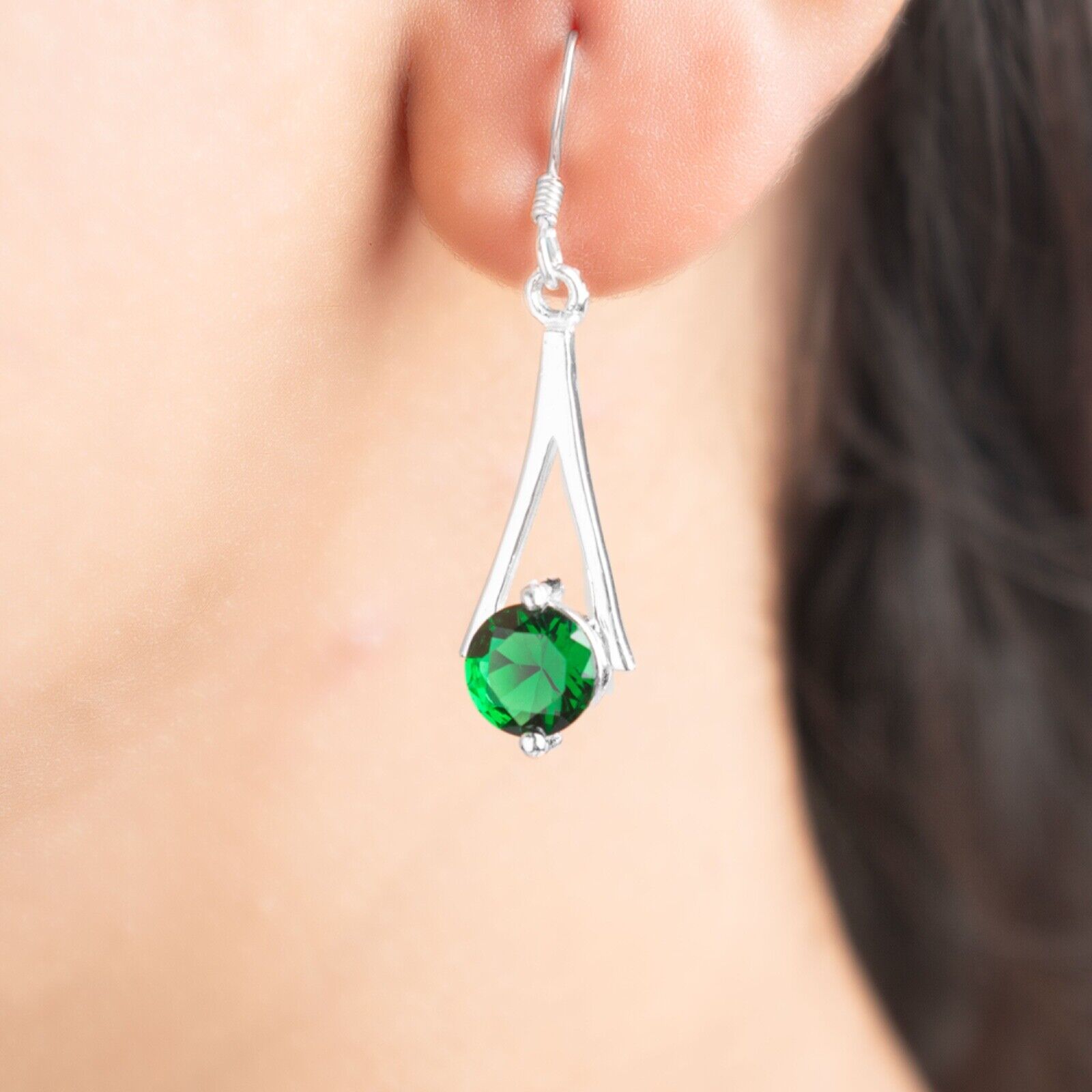 Round Cut Green Emerald Gemstone Pendant and Drop Earring Set Gift Jewellery