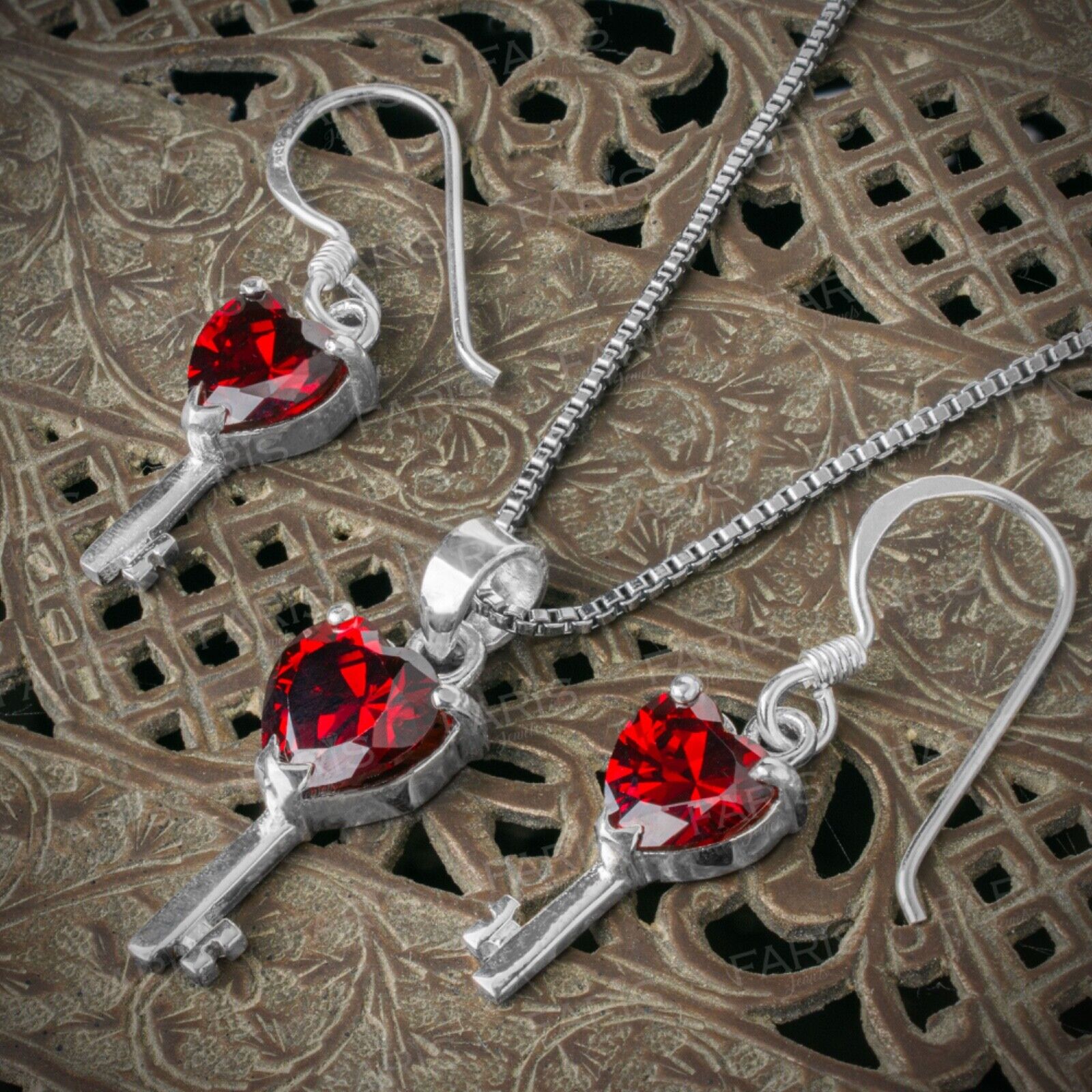 Red Garnet Gemstone Pendant and Earring Set Key To My Heart Gift Jewellery