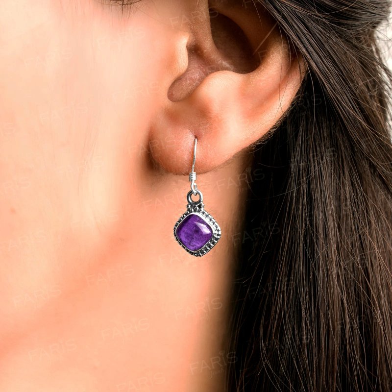 925 Sterling Silver Amethyst Gemstone Cushion Cut Drop Dangle Ladies Earrings