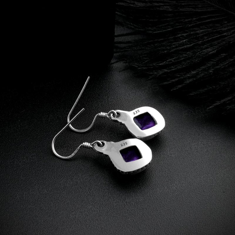 925 Sterling Silver Amethyst Gemstone Cushion Cut Drop Dangle Ladies Earrings