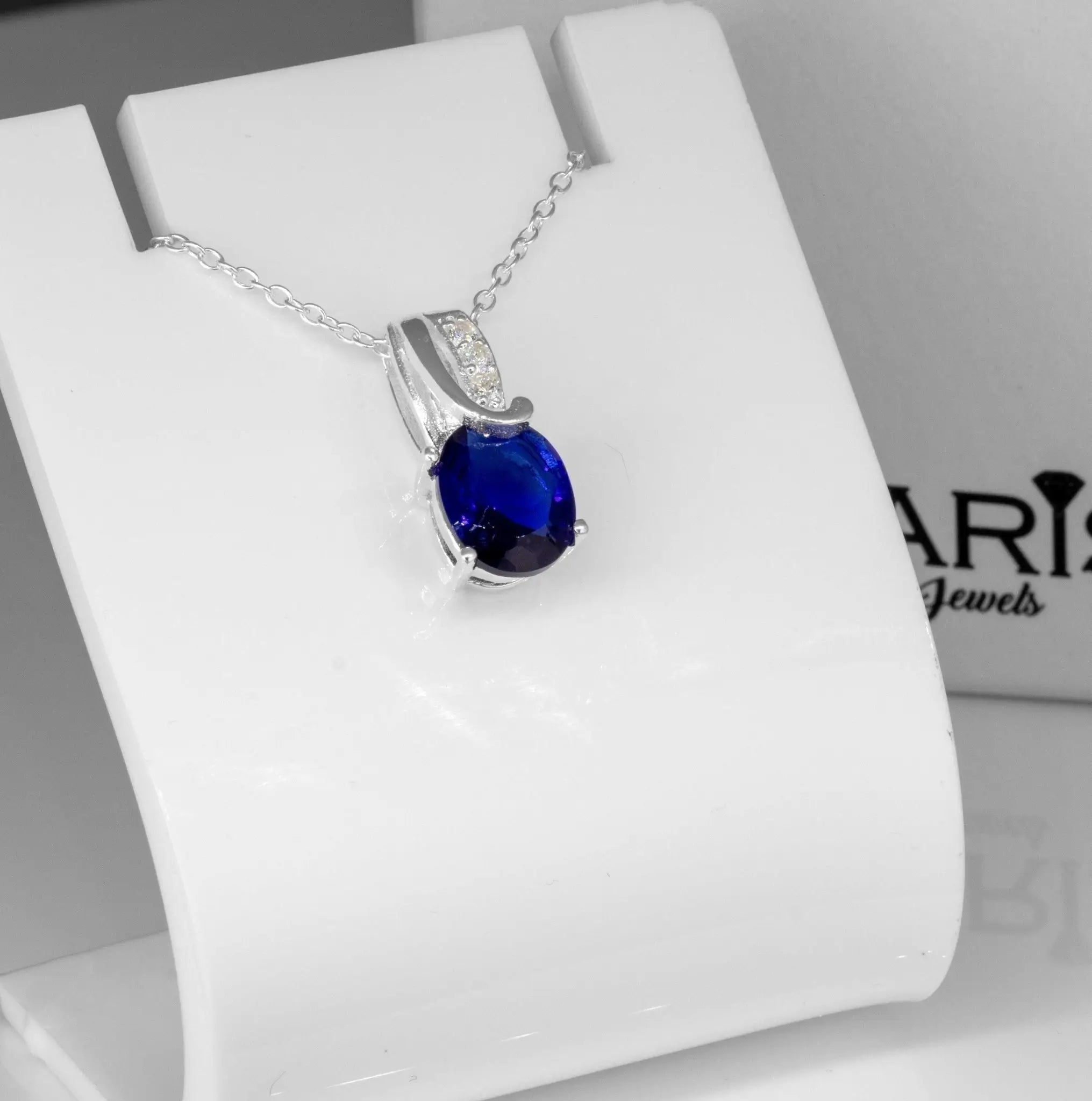 925 Sterling Silver Cubic Zirconia CZ & Blue Sapphire Ladies Pendant Necklace Jewellery Gift Boxed Man-made Diamond Gemstone Jewelry