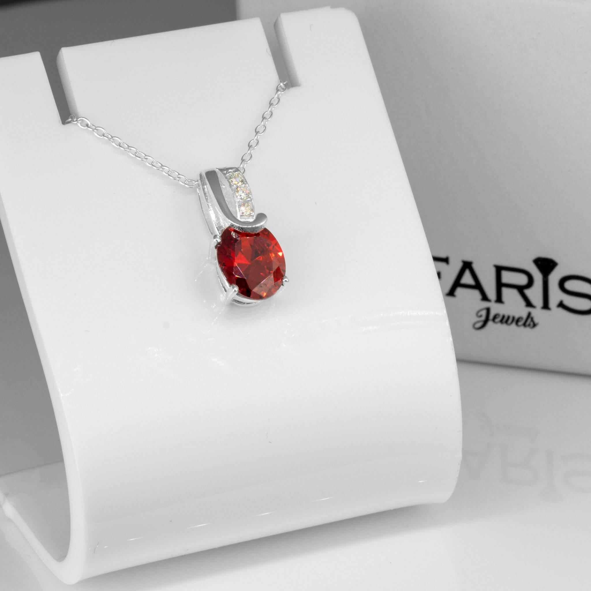 925 Sterling Silver Cubic Zirconia CZ & Red Garnet Ladies Pendant Necklace Jewellery Gift Boxed Man-made Diamond Gemstone Jewelry