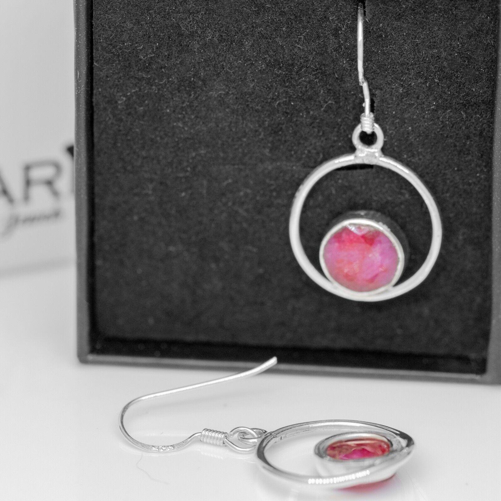 925 Sterling Silver Lab Created Red Ruby Round Hoop Drop Earrings Gemstone