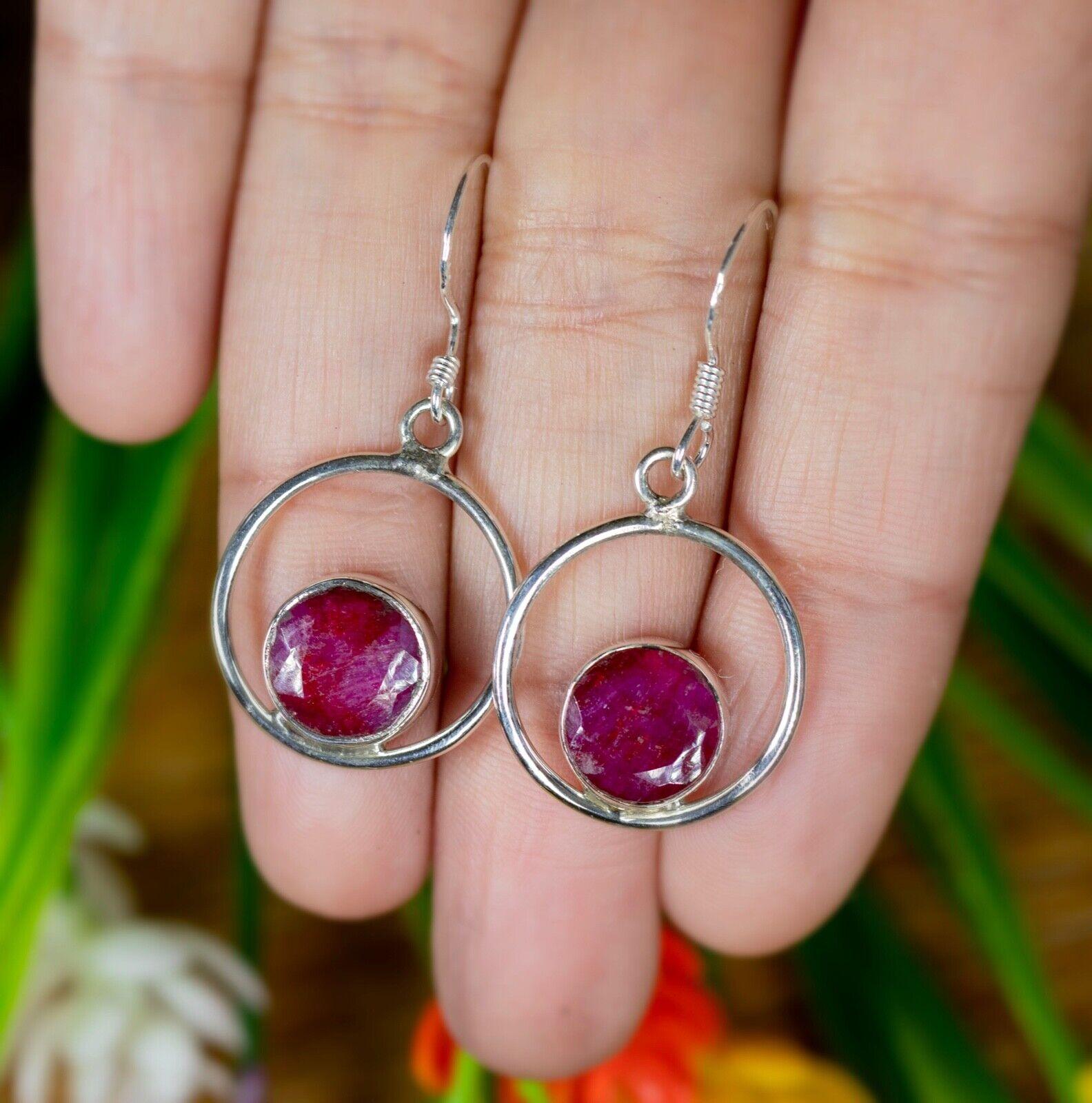 925 Sterling Silver Lab Created Red Ruby Round Hoop Drop Earrings Gemstone