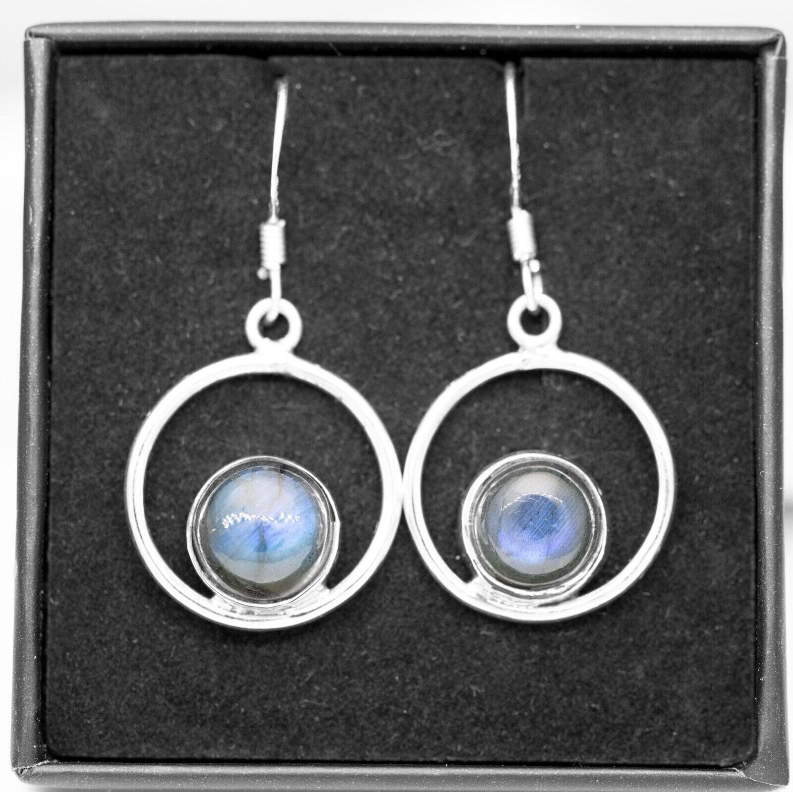 925 Sterling Silver Labradorite Round Hoop Drop Earrings Gemstone Jewellery Gift