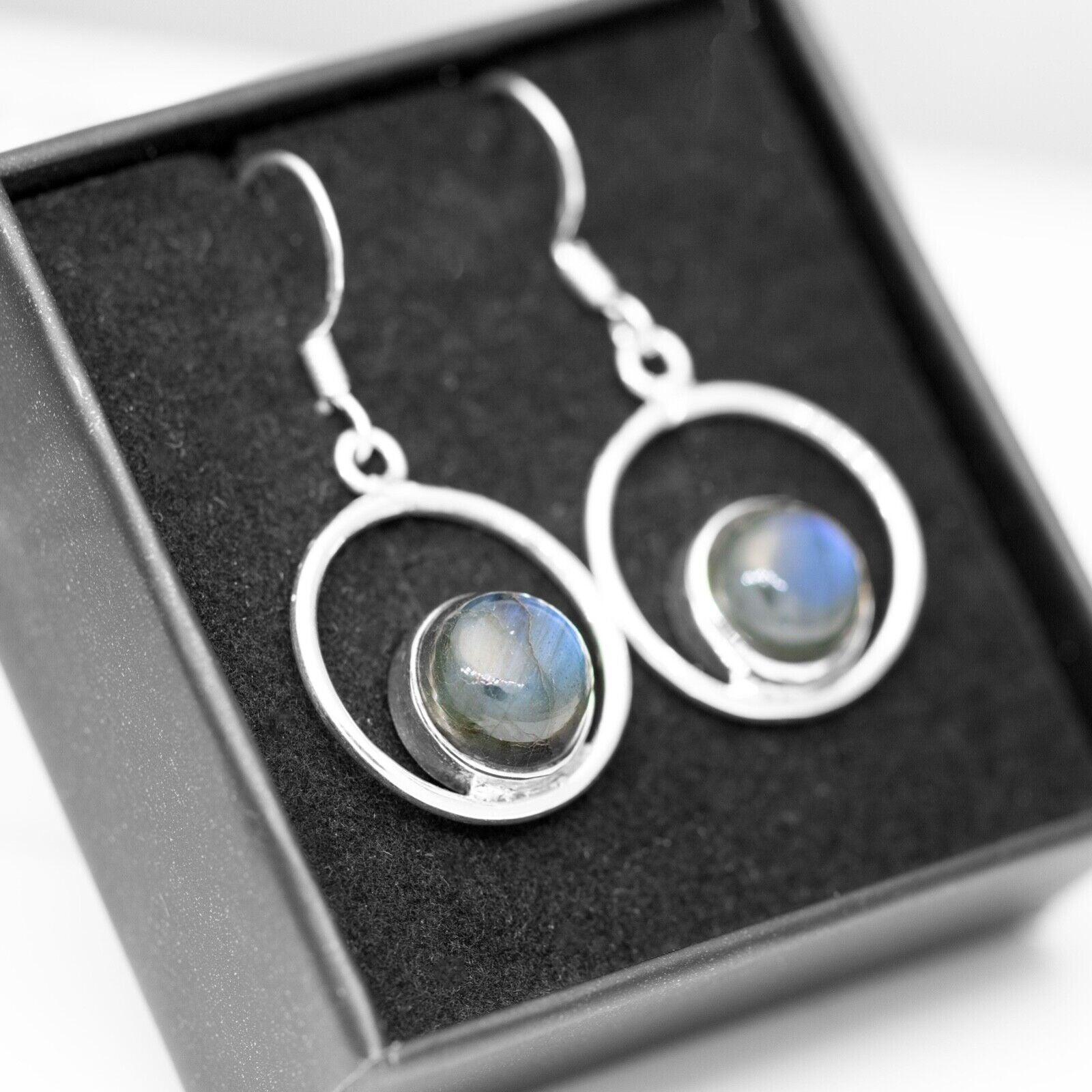 925 Sterling Silver Labradorite Round Hoop Drop Earrings Gemstone Jewellery Gift