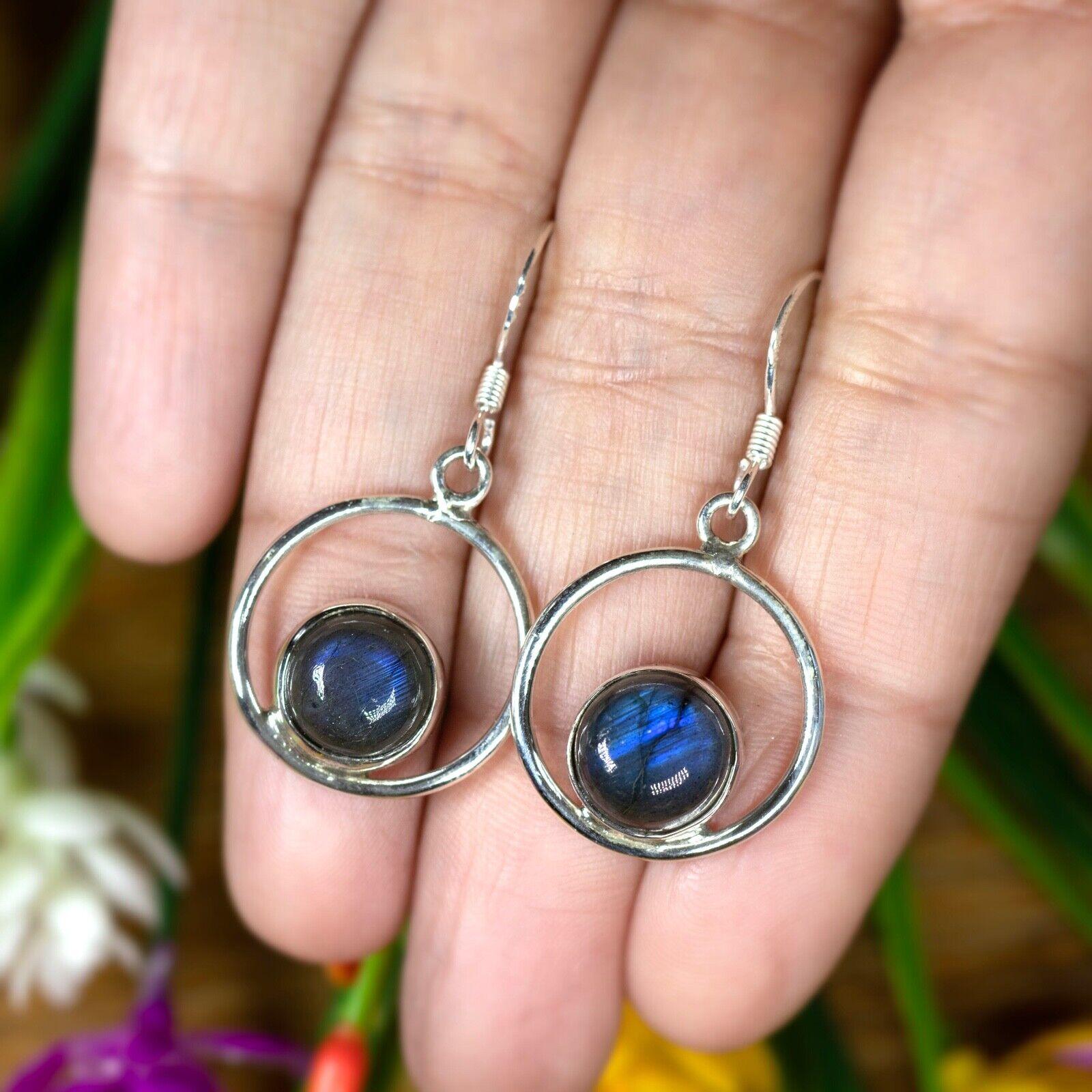 925 Sterling Silver Labradorite Round Hoop Drop Earrings Gemstone Jewellery Gift