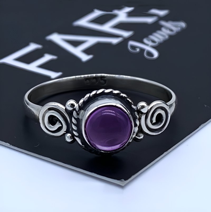 925 Sterling Silver Ladies Amethyst Round Designer Gemstone Ring Gift