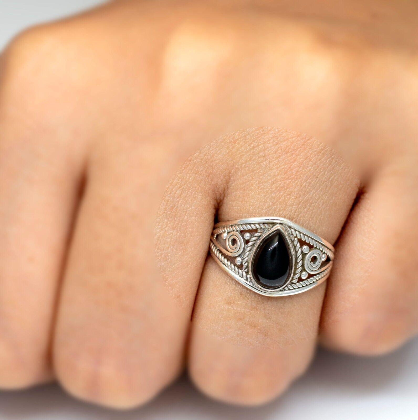 925 Sterling Silver Ladies Black Onyx Pear Gemstone Ring Gift Boxed Jewellery