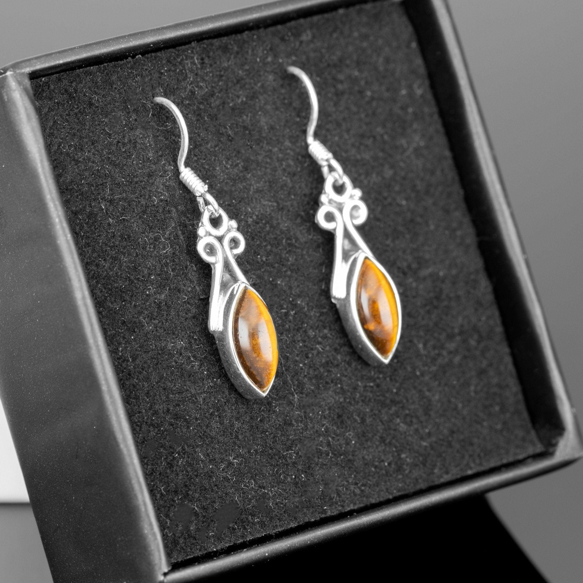 925 Sterling Silver Marquise Cut Brown Tiger's Eye Gemstone Drop Dangle Ladies Earrings Jewellery Gift Boxed Jewelry