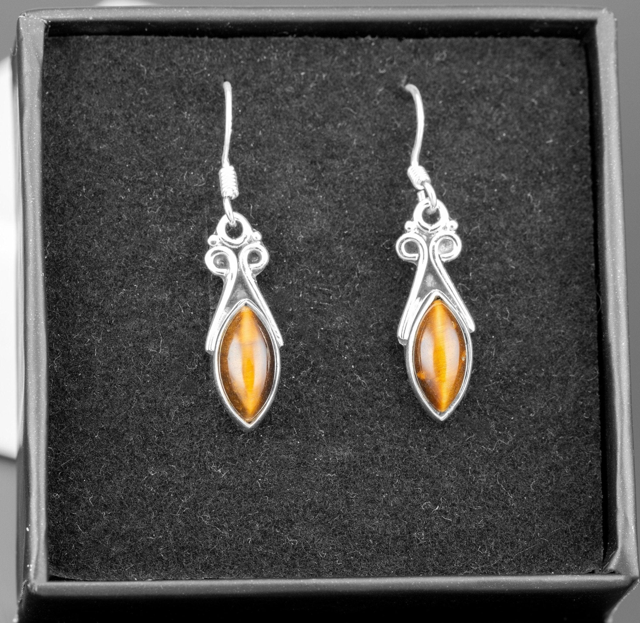 925 Sterling Silver Marquise Cut Brown Tiger's Eye Gemstone Drop Dangle Ladies Earrings Jewellery Gift Boxed Jewelry