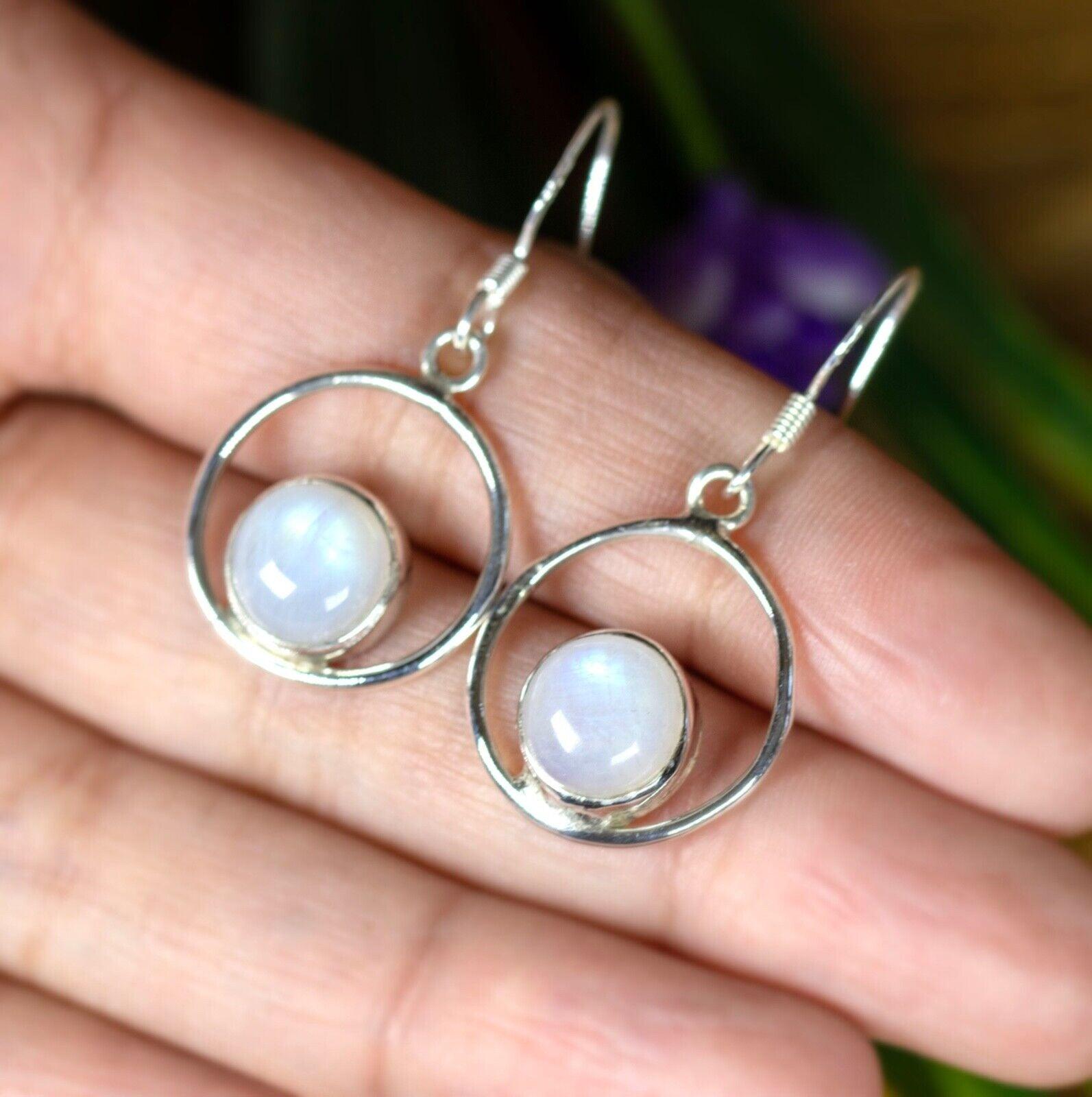 925 Sterling Silver Moonstone Round Hoop Drop Earrings Gemstone Jewellery Gift