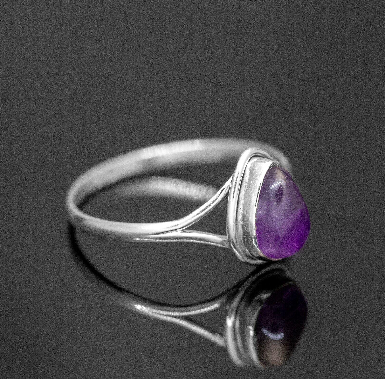 925 Sterling Silver Pear Cut Purple Amethyst Ring Ladies Crystal Jewellery Gift