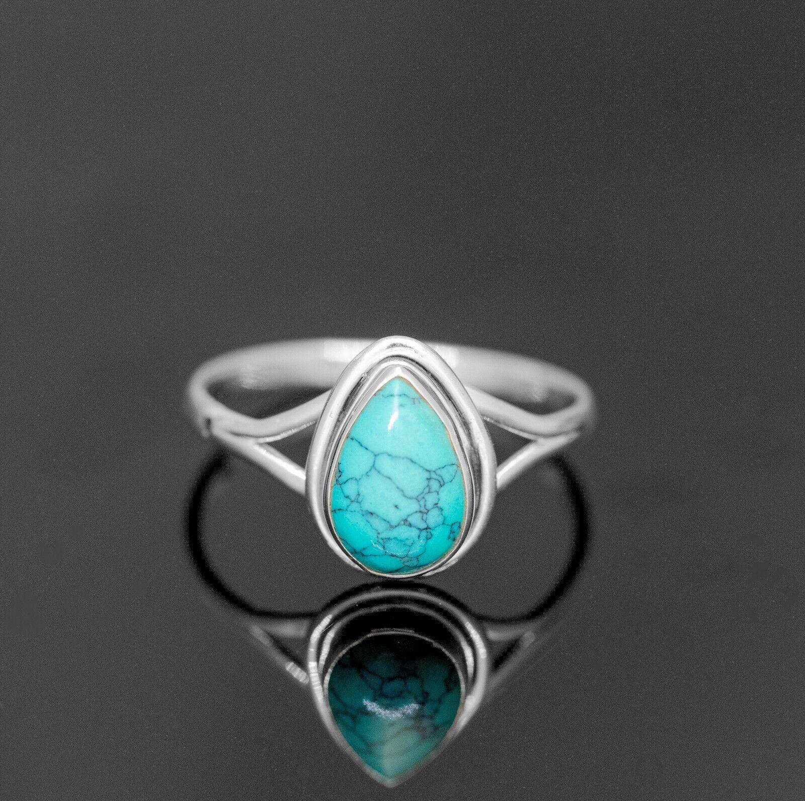 925 Sterling Silver Pear Cut Turquoise Ring Ladies Crystal Jewellery Gift