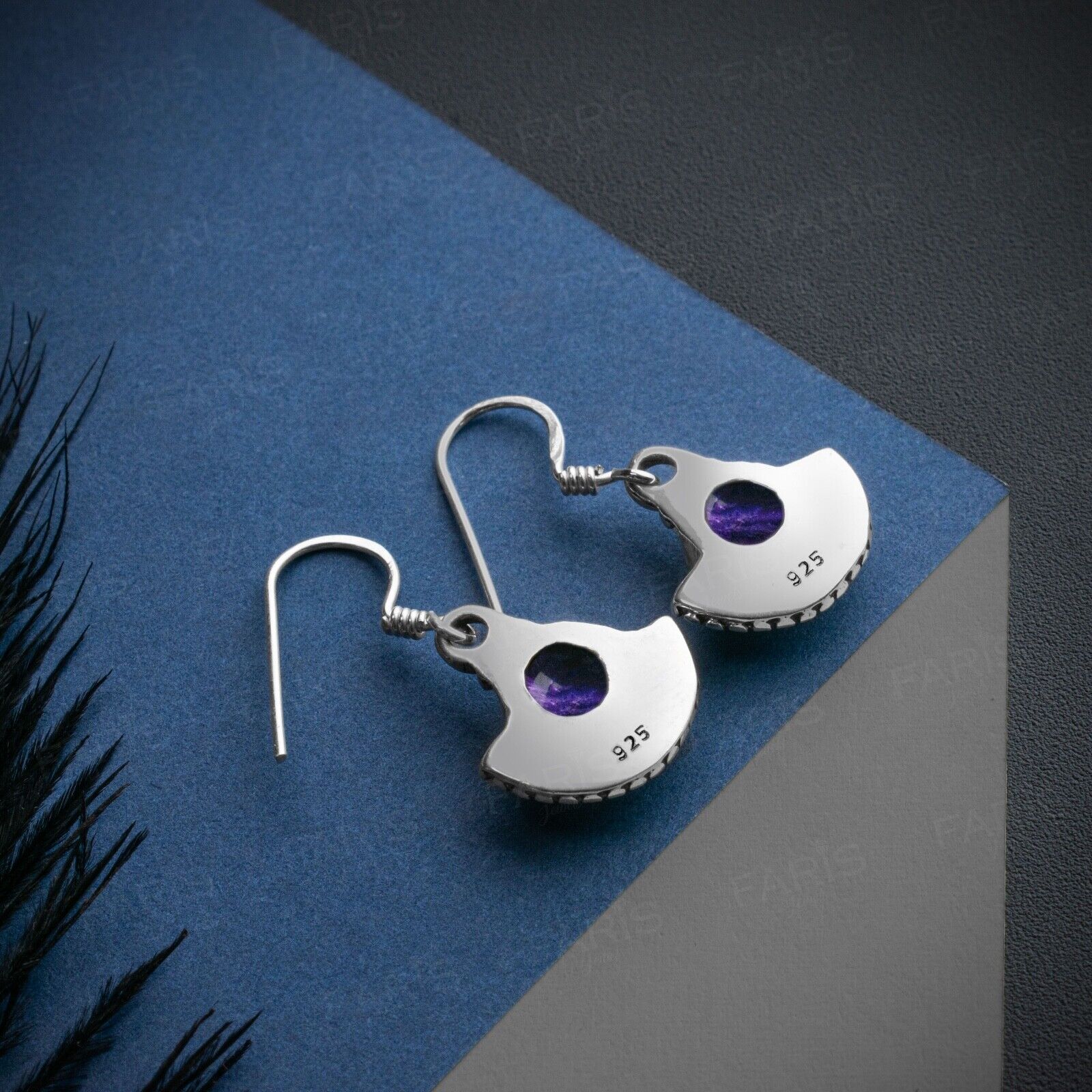 925 Sterling Silver Round Cut Amethyst Gemstone Drop Dangle Ladies Fan Earrings