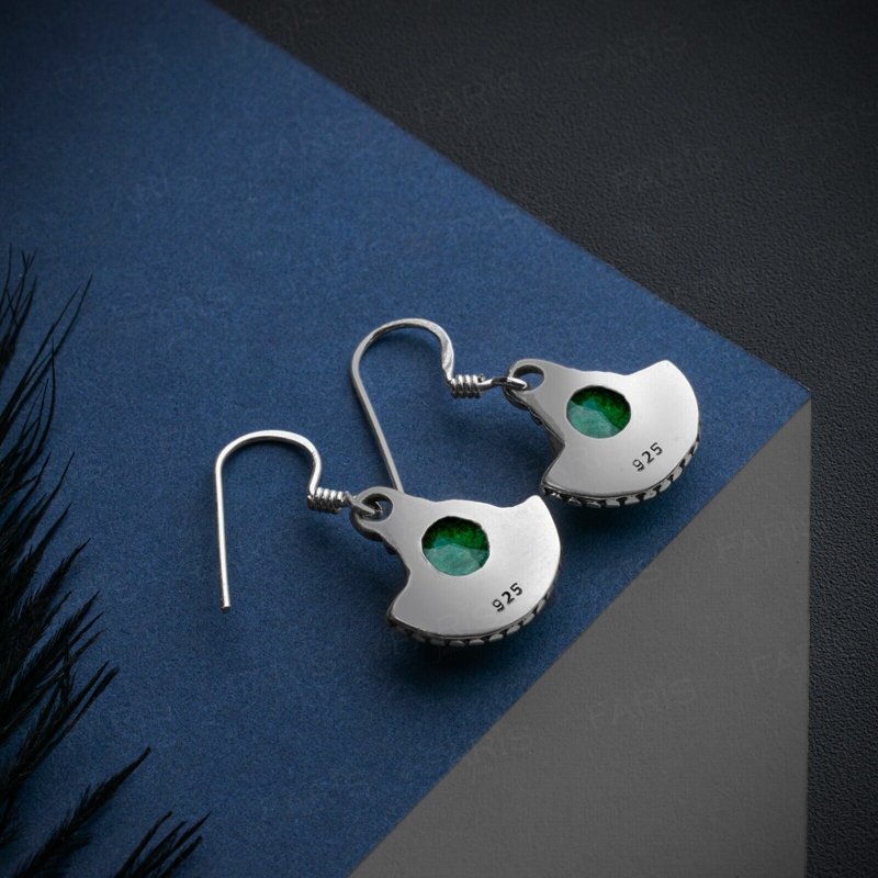 925 Sterling Silver Round Cut Emerald Gemstone Drop Dangle Ladies Fan Earrings