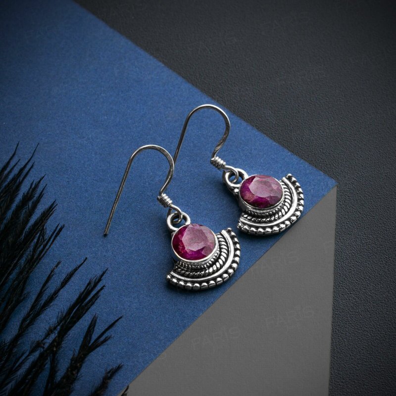 925 Sterling Silver Round Cut Red Ruby Gemstone Drop Dangle Ladies Fan Earrings