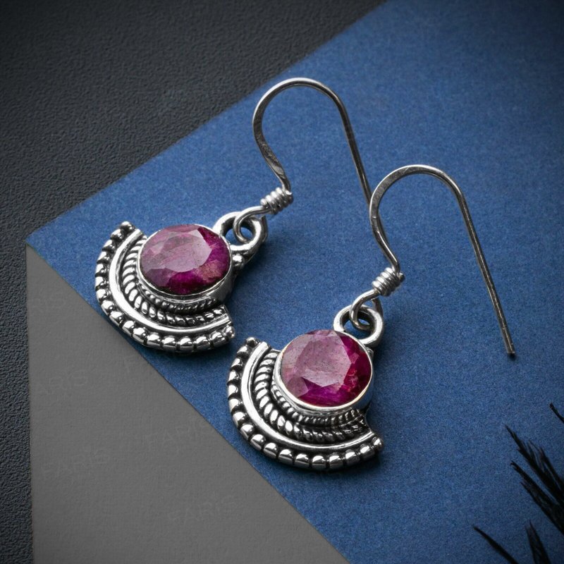 925 Sterling Silver Round Cut Red Ruby Gemstone Drop Dangle Ladies Fan Earrings