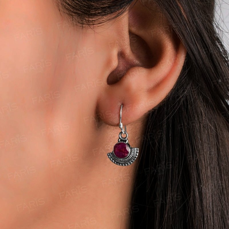 925 Sterling Silver Round Cut Red Ruby Gemstone Drop Dangle Ladies Fan Earrings