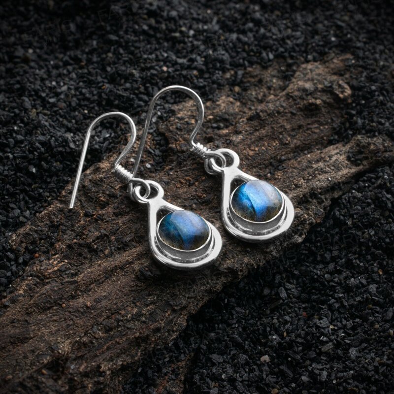 925 Sterling Silver Round Labradorite Gemstone Drop Dangle Ladies Earrings