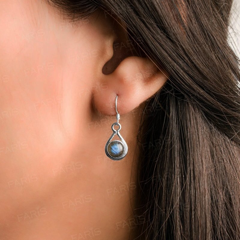 925 Sterling Silver Round Labradorite Gemstone Drop Dangle Ladies Earrings