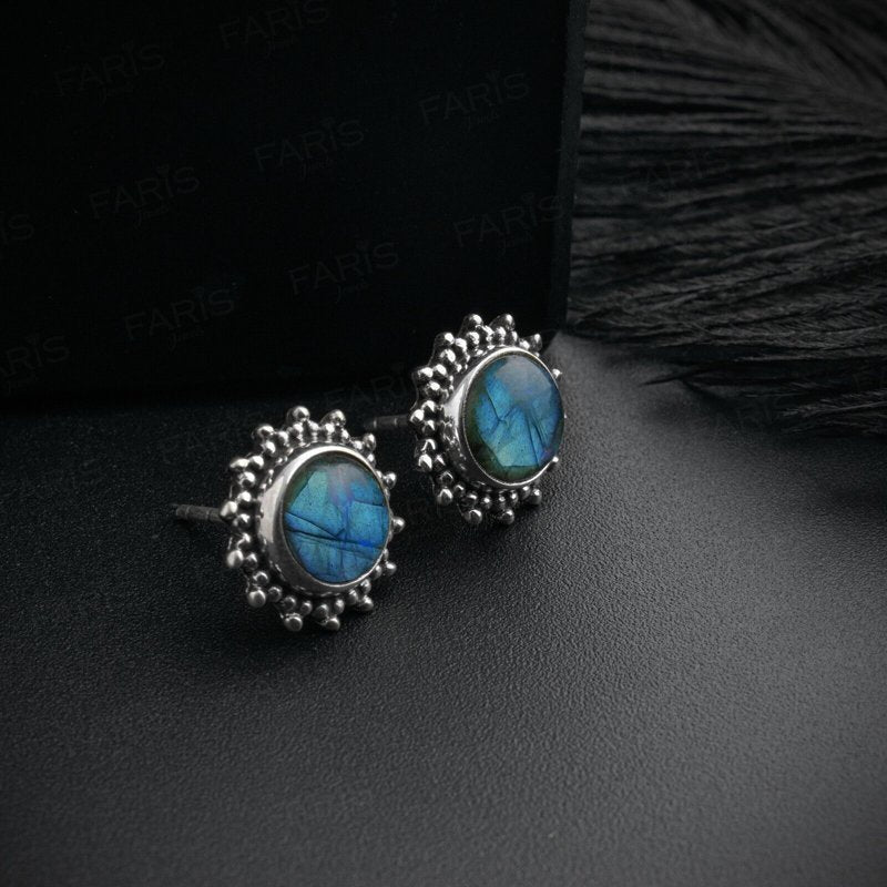925 Sterling Silver Round Labradorite Sun Stud Ladies Earrings Jewellery Gift