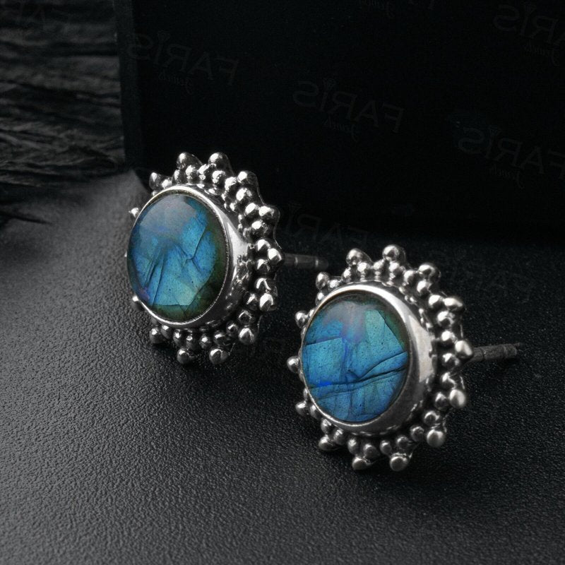 925 Sterling Silver Round Labradorite Sun Stud Ladies Earrings Jewellery Gift