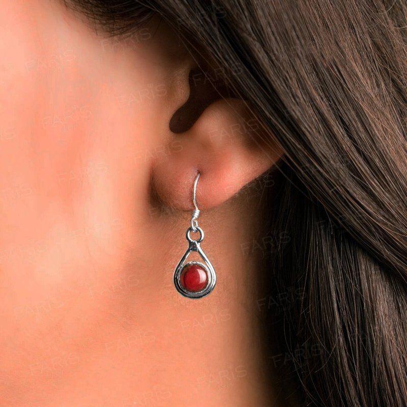 925 Sterling Silver Round Red Garnet Gemstone Drop Dangle Ladies Earrings