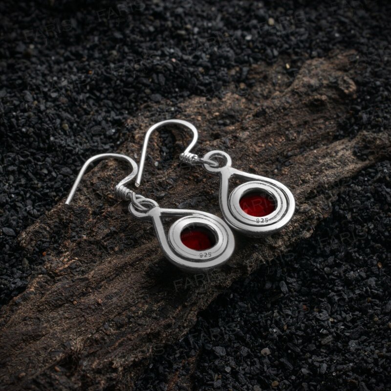 925 Sterling Silver Round Red Garnet Gemstone Drop Dangle Ladies Earrings