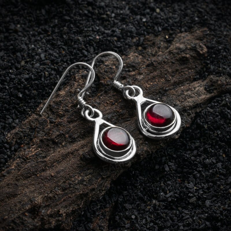 925 Sterling Silver Round Red Garnet Gemstone Drop Dangle Ladies Earrings