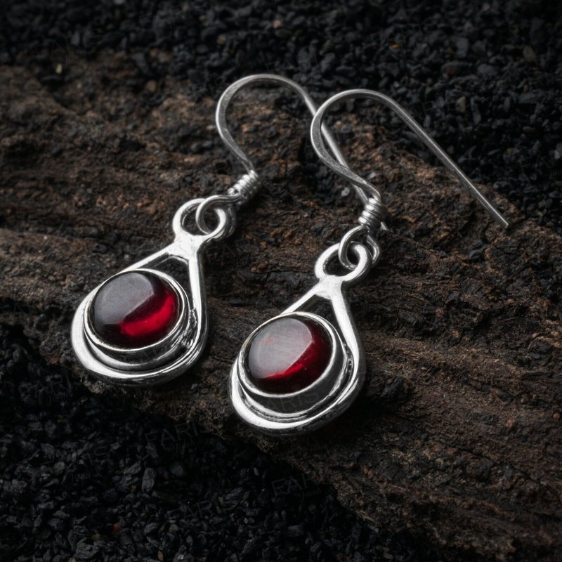 925 Sterling Silver Round Red Garnet Gemstone Drop Dangle Ladies Earrings