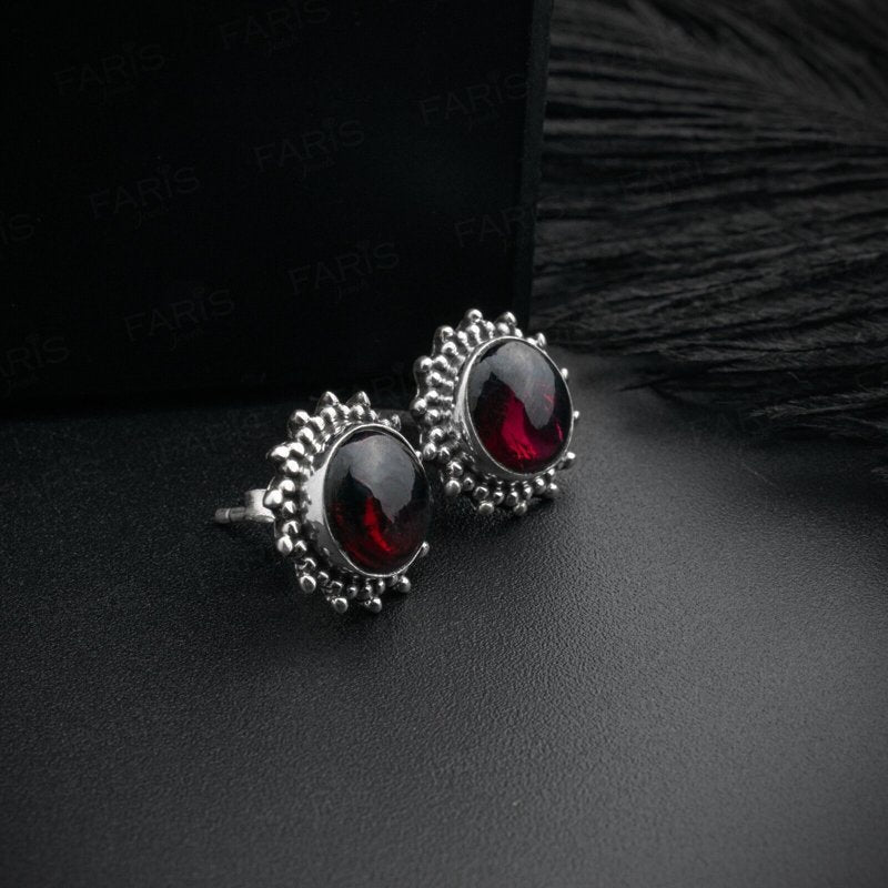 925 Sterling Silver Round Red Garnet Sun Stud Ladies Earrings Jewellery Gift