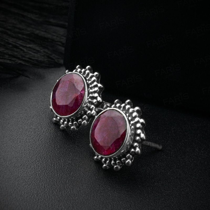 925 Sterling Silver Round Red Ruby Sun Stud Ladies Earrings Jewellery Gift Boxed