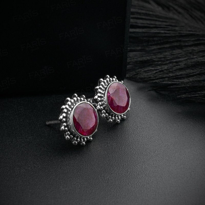 925 Sterling Silver Round Red Ruby Sun Stud Ladies Earrings Jewellery Gift Boxed