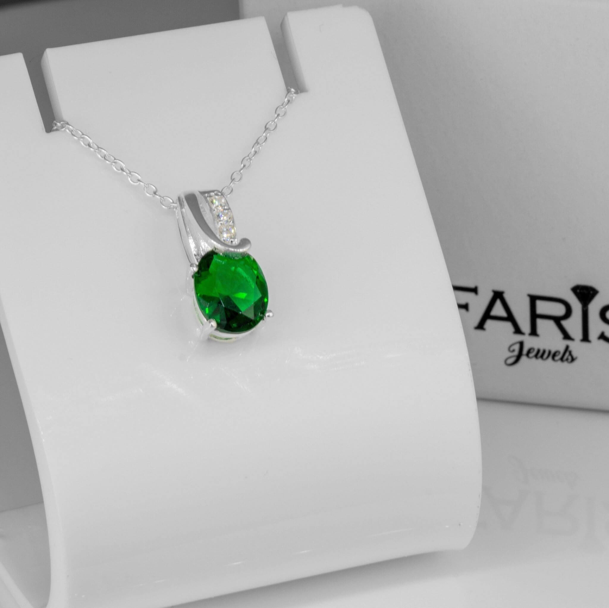 925 Sterling Silver Cubic Zirconia CZ & Green Emerald Ladies Pendant Necklace Jewellery Gift Boxed Man-made Diamond Gemstone Jewelry