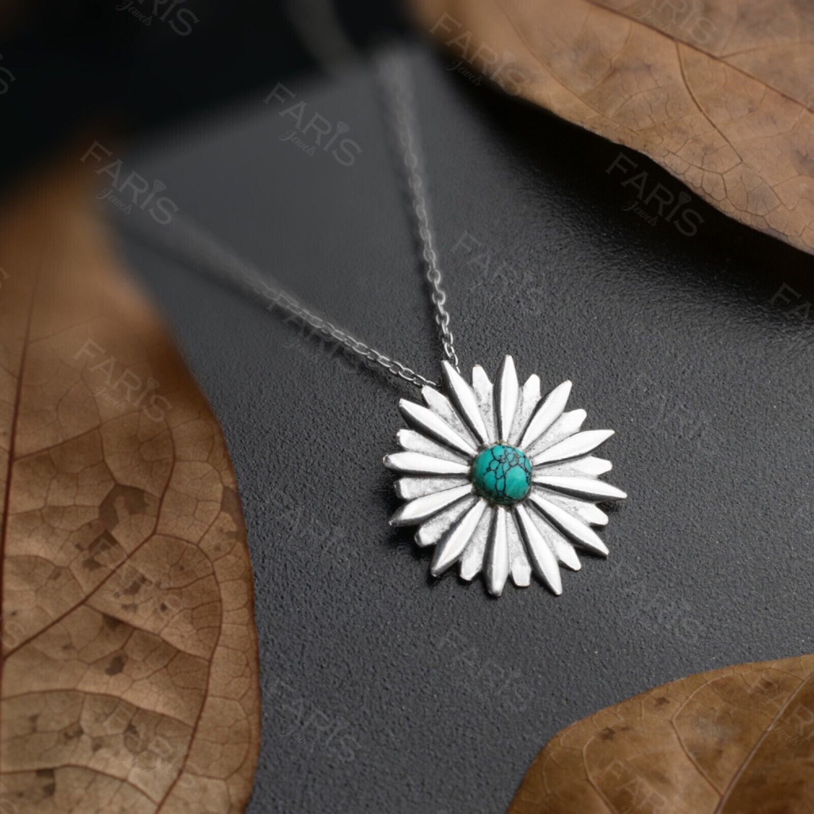 Sterling Silver 925 Round Cut Turquoise Gemstone Pendant Necklace Flower