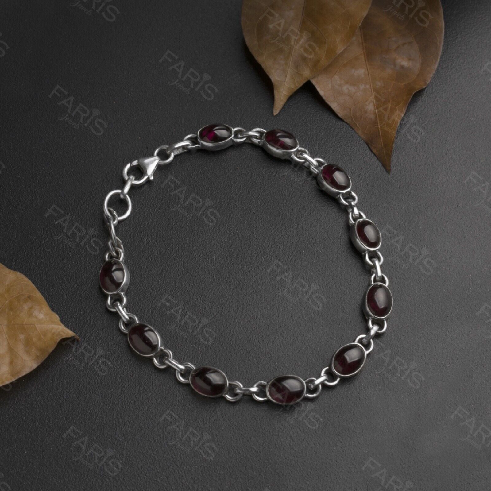 Adjustabl Sterling Silver 925 Ladies Oval Red Garnet Bracelet Bangle Gemstone