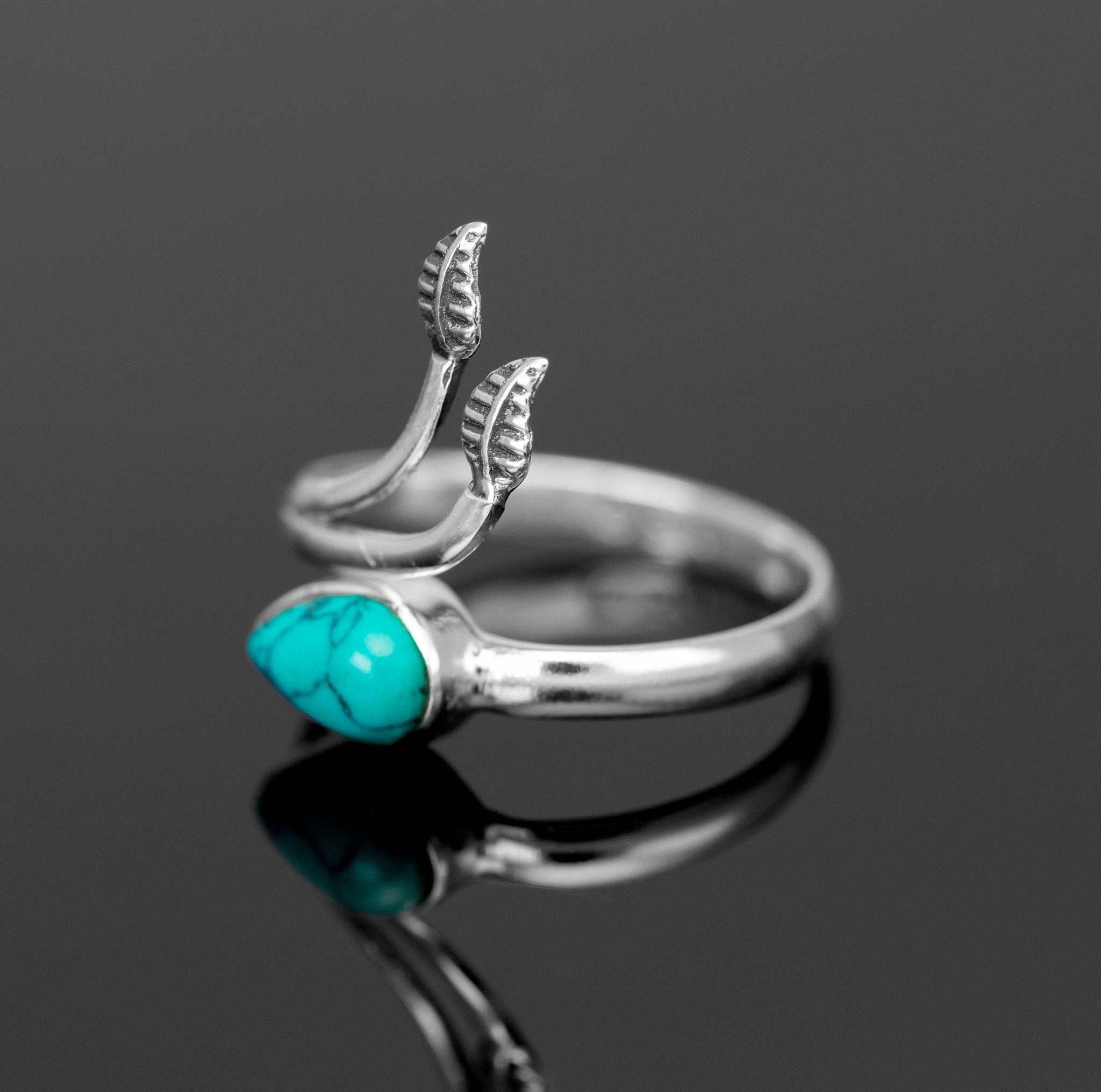 Adjustable Sterling Silver Turquoise Gemstone Leaf Ring Ladies Gift Jewellery Boxed Jewelry
