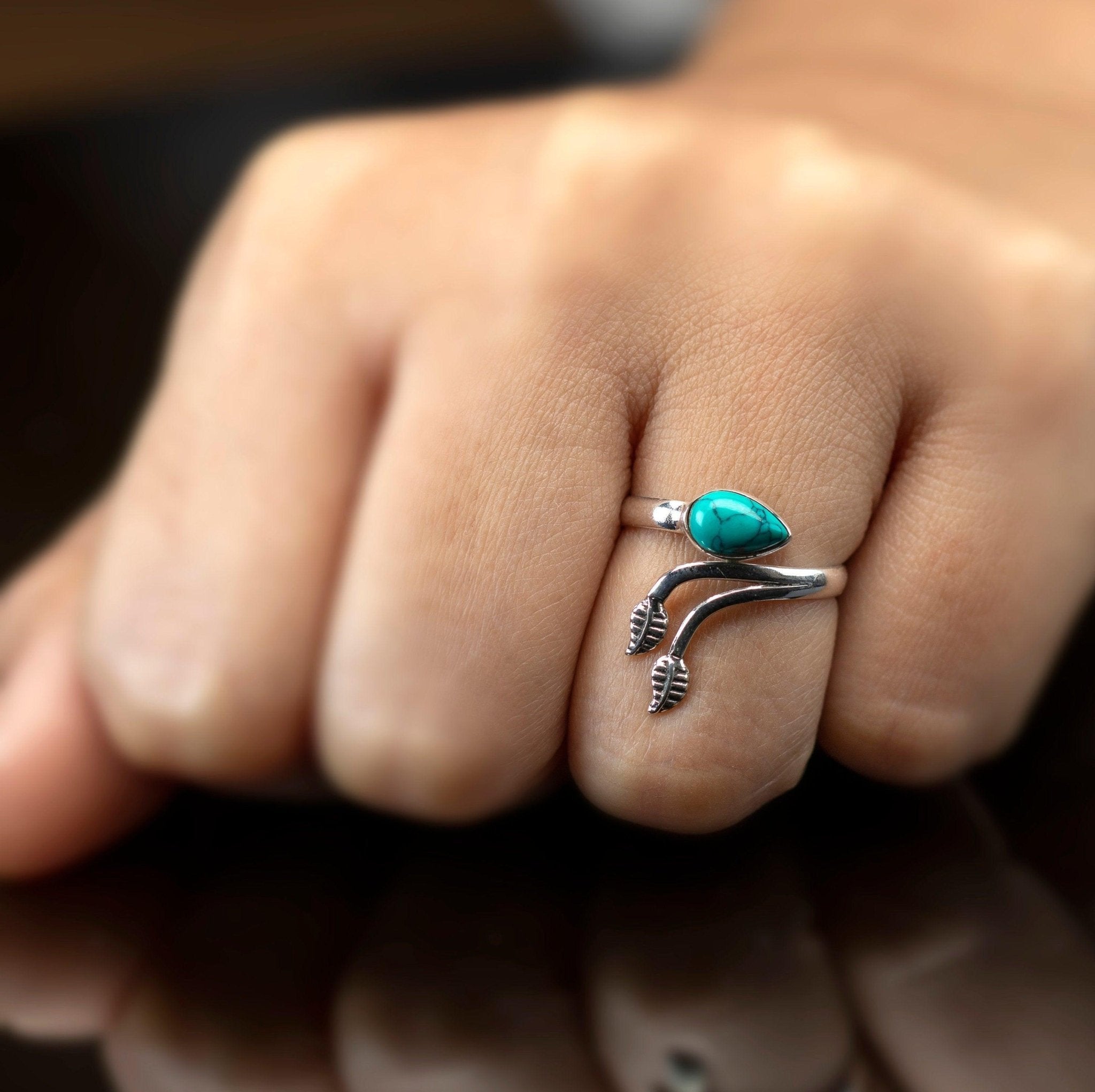 Adjustable Sterling Silver Turquoise Gemstone Leaf Ring Ladies Gift Jewellery Boxed Jewelry