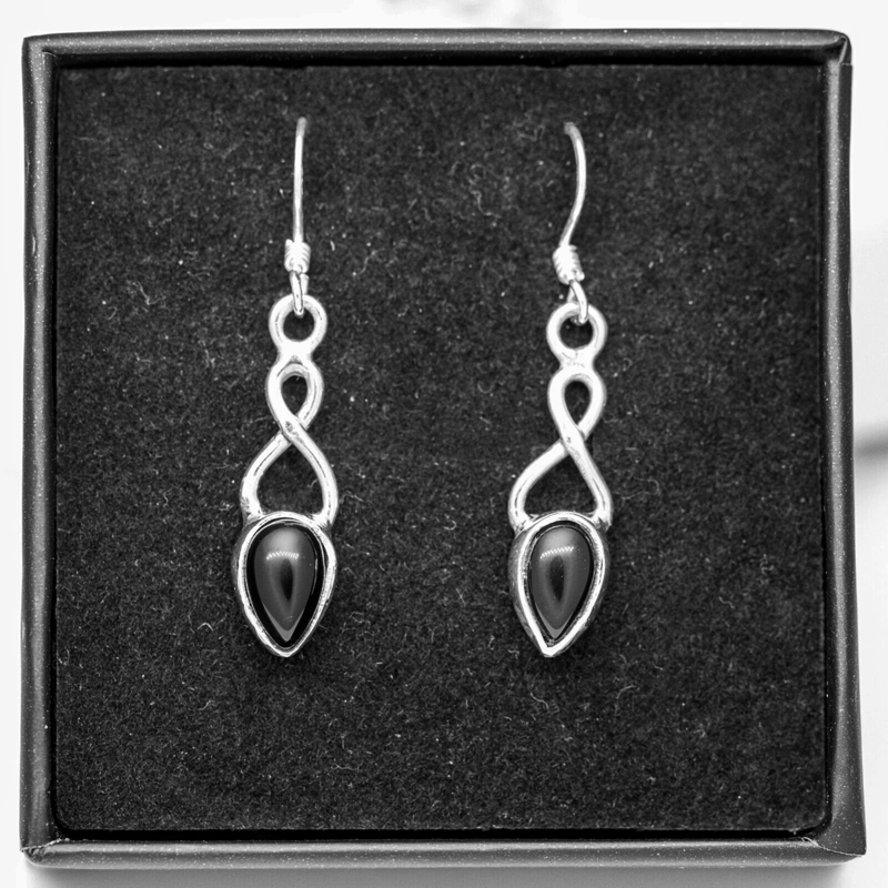 Black Onyx Gemstone 925 Sterling Silver Infinity Drop Dangle Earrings Jewellery