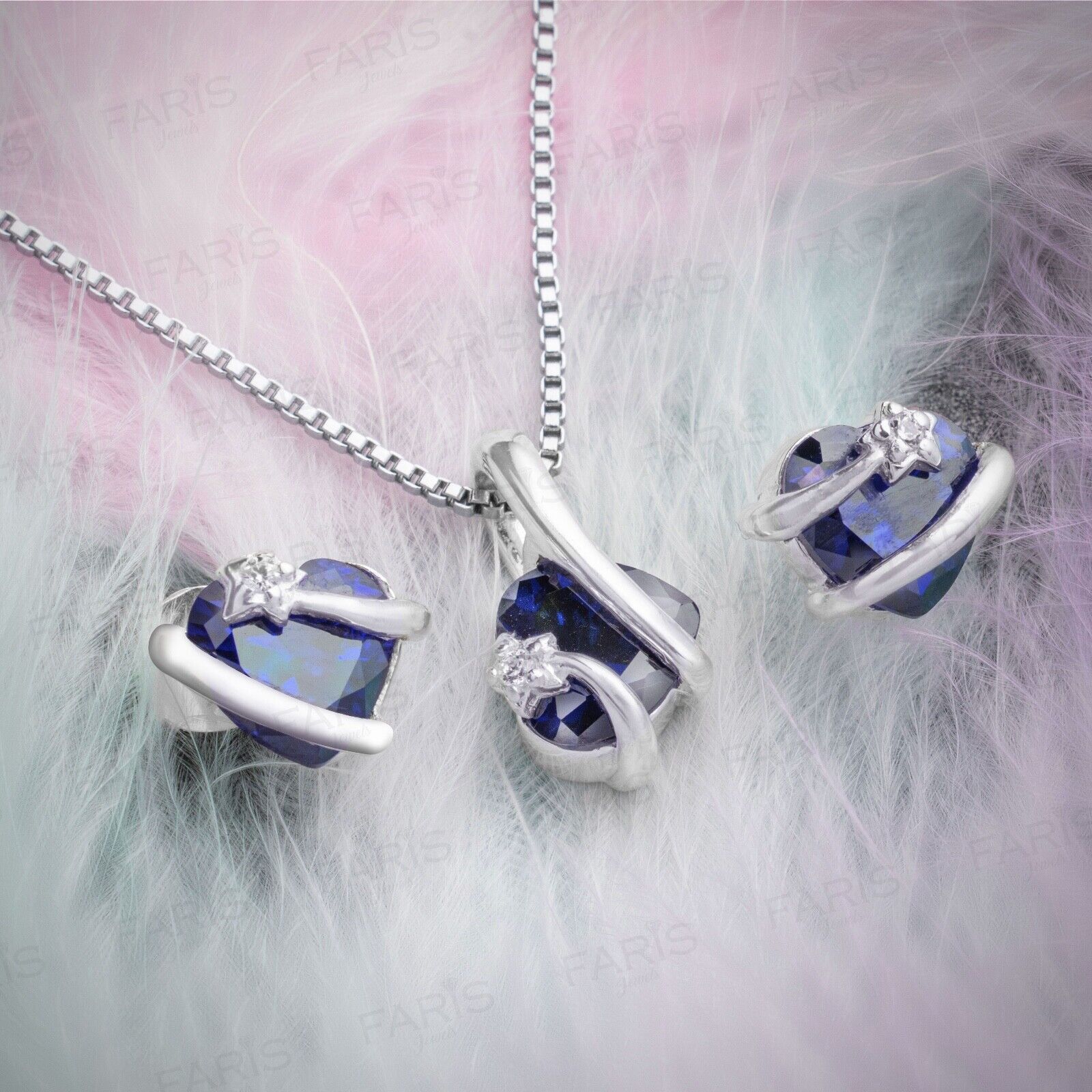 Blue Sapphire Gemstone Pendant and Earring Set Wrapped Heart Love Gift Jewellery