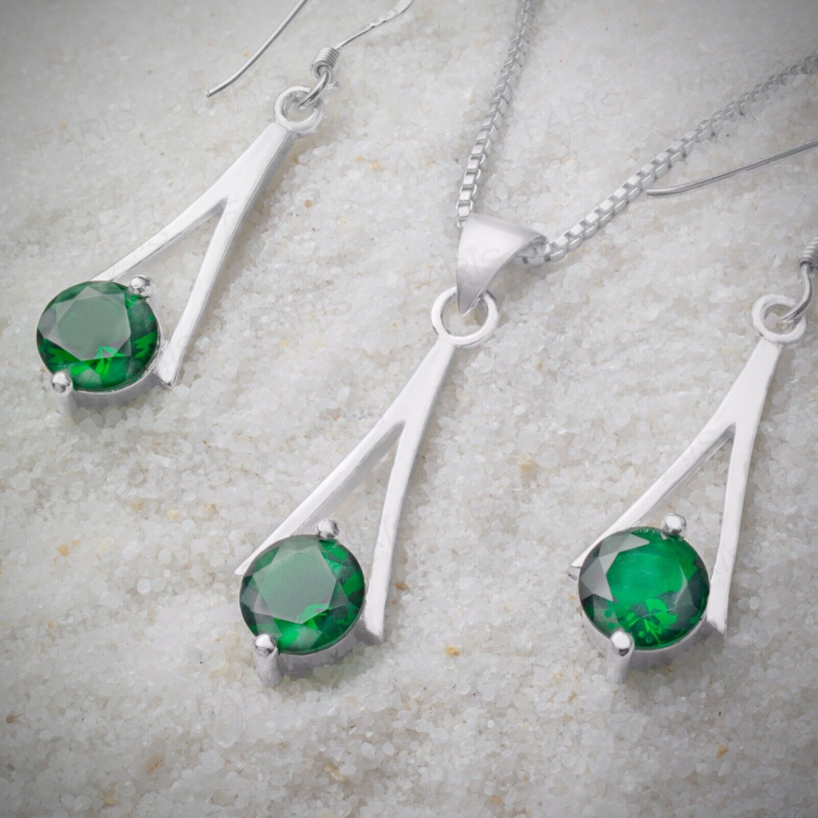 Round Cut Green Emerald Gemstone Pendant and Drop Earring Set Gift Jewellery