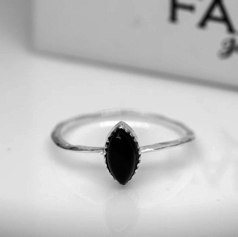 Dainty Sterling Silver Black Onyx Ring Ladies Marquise Gemstone Jewellery Gift