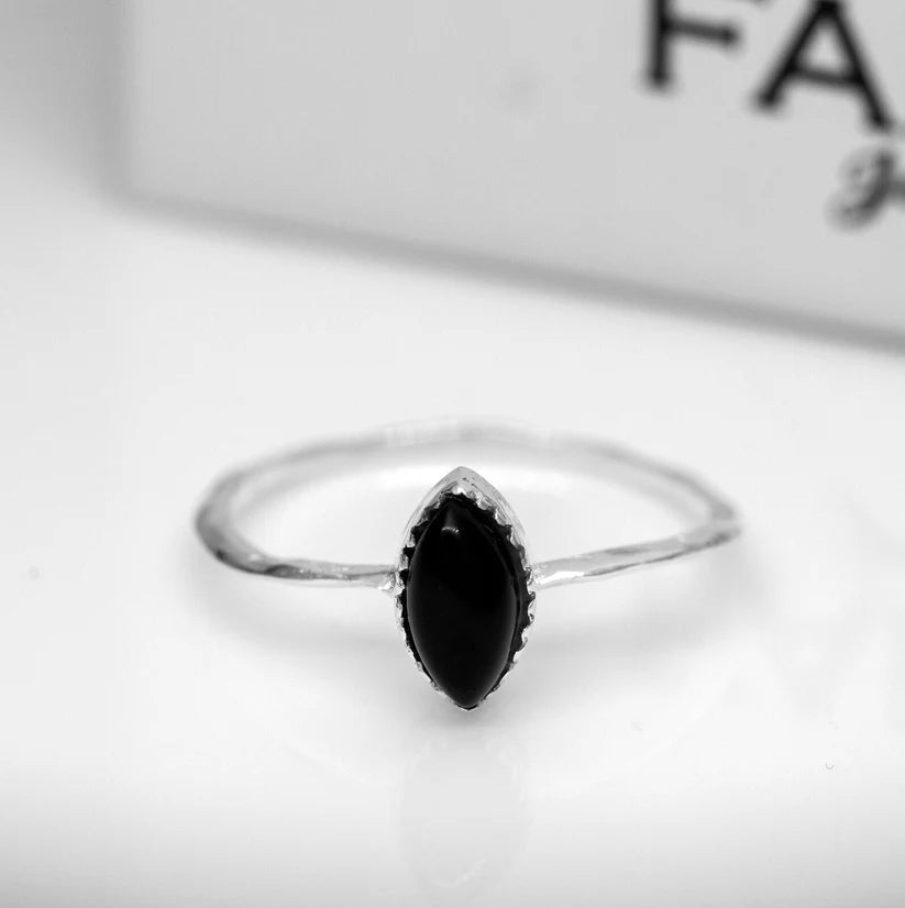 Dainty Sterling Silver Black Onyx Ring Ladies Marquise Gemstone Jewellery Gift