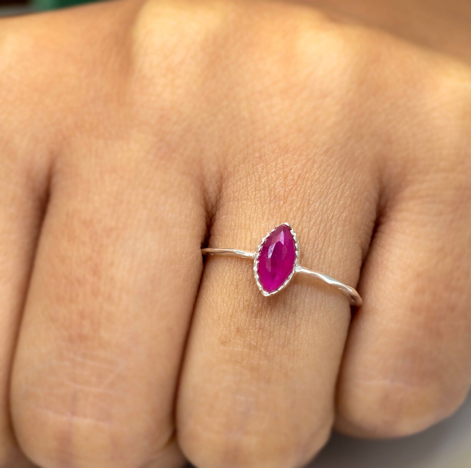 Dainty Sterling Silver Lab Created Ruby Ring Ladies Marquise Gemstone Jewellery