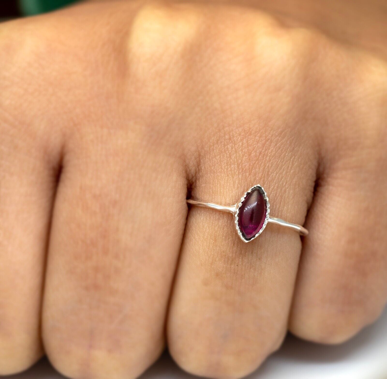 Dainty Sterling Silver Red Garnet Ring Ladies Marquise Gemstone Jewellery Gift