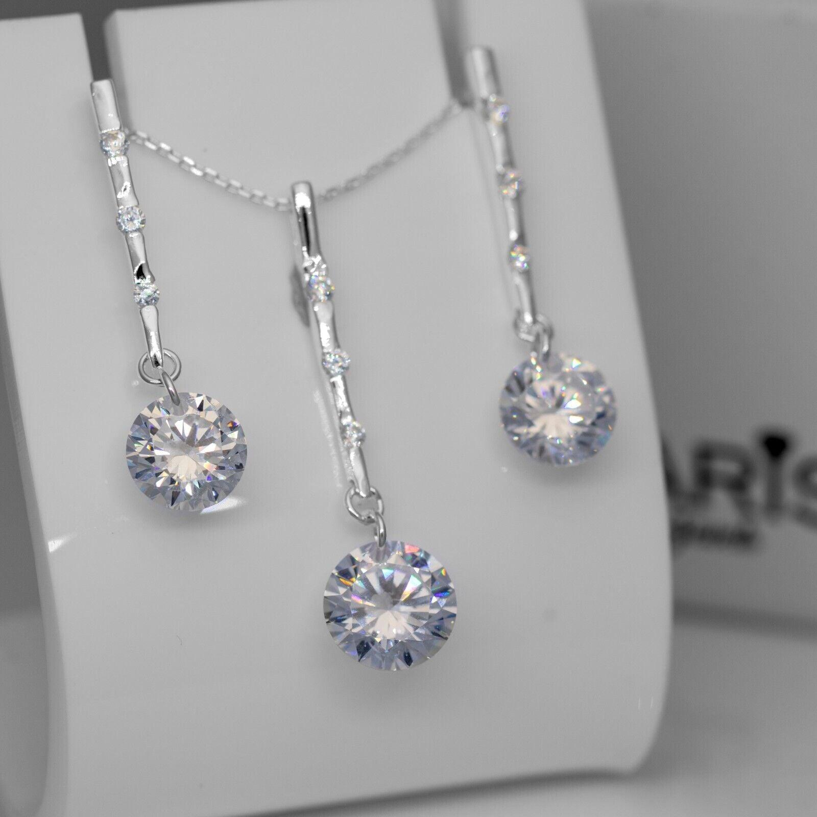 Diamond And Clear Quartz Sterling Silver Ladies Pendant Necklace Earrings Set